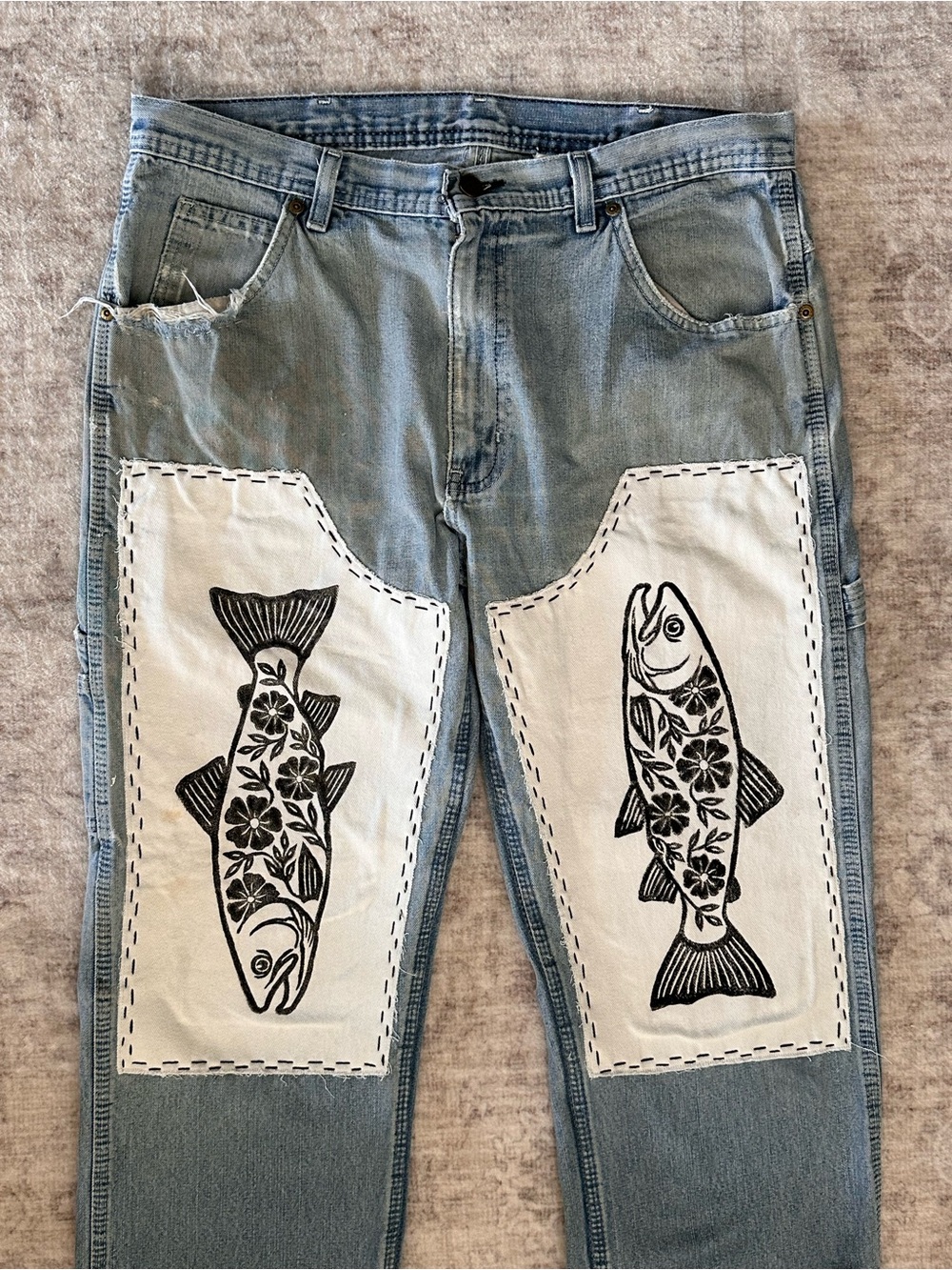 Upcycled Fish Block Print Double Knee Vintage Jeans - Picture 2 of 7